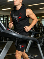 Men's 2 Piece Black Sleeveless Hooded Vest & Shorts Set, Bull Print Gym Tracksuit, Breathable Spring Summer Workout Fitness Wear - AMAZON FACTORY