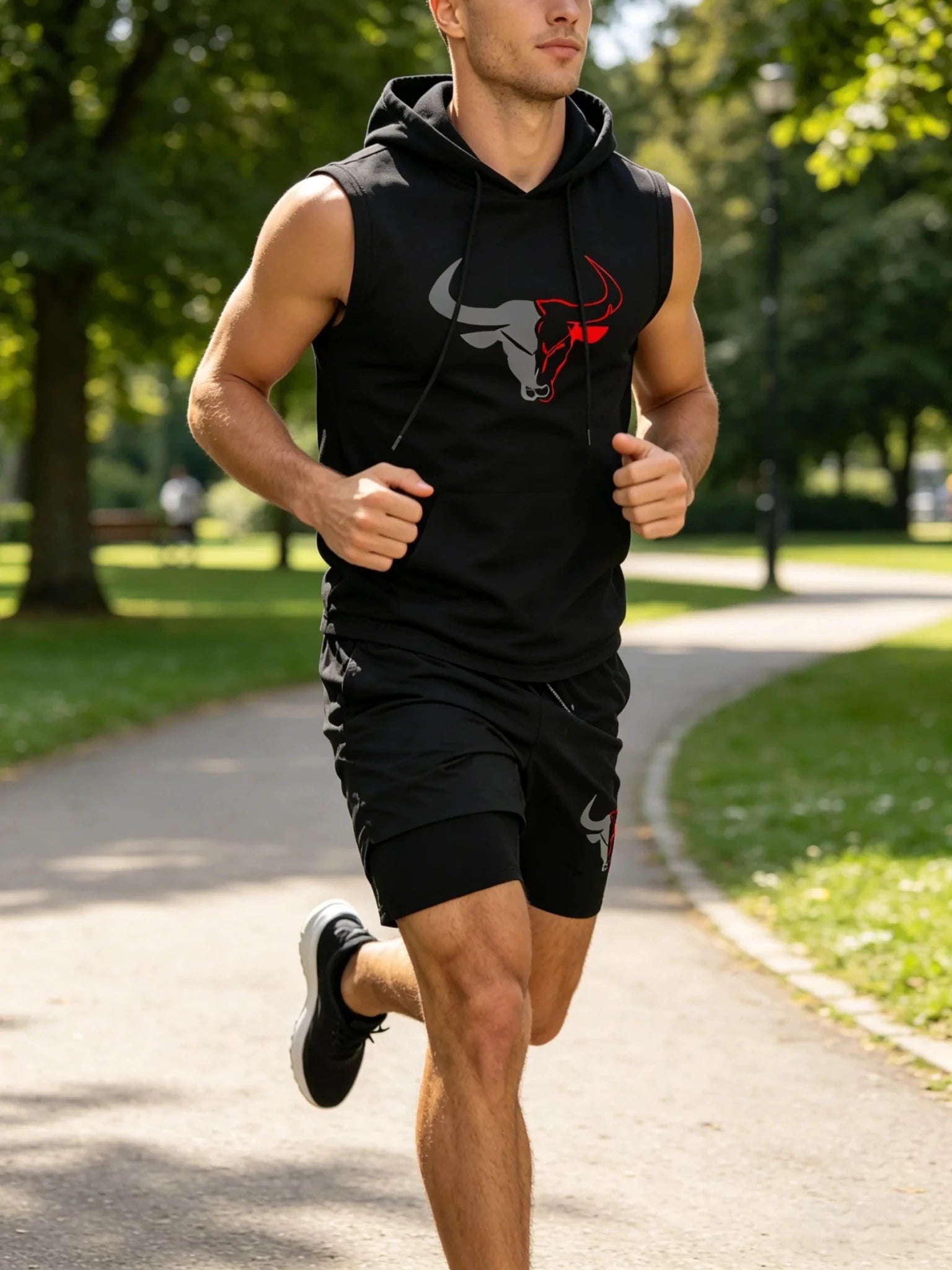 Men's 2 Piece Black Sleeveless Hooded Vest & Shorts Set, Bull Print Gym Tracksuit, Breathable Spring Summer Workout Fitness Wear - AMAZON FACTORY