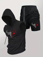 Men's 2 Piece Black Sleeveless Hooded Vest & Shorts Set, Bull Print Gym Tracksuit, Breathable Spring Summer Workout Fitness Wear - AMAZON FACTORY