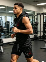 Men's 2 Piece Black Sleeveless Hooded Vest & Shorts Set, Bull Print Gym Tracksuit, Breathable Spring Summer Workout Fitness Wear - AMAZON FACTORY