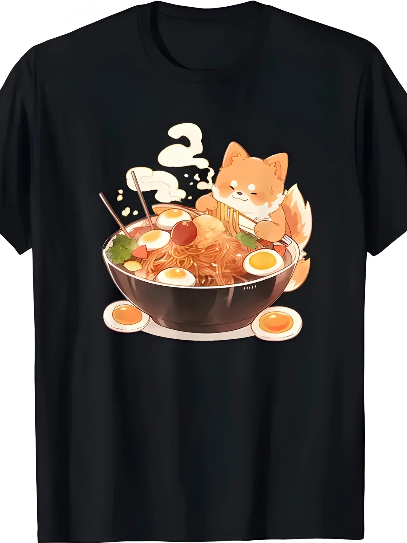 Men's Anime Ramen Dog & Fox Graphic T-Shirt - Casual Loose Fit Short Sleeve Round Neck Tee with Noodle Bowl Art - AMAZON FACTORY