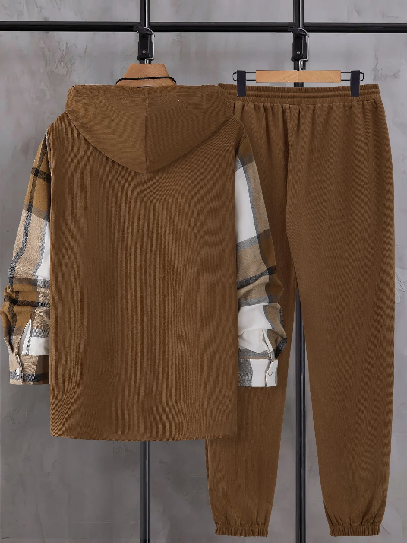 Men's Autumnal Hooded Set with Plaid Patchwork Jacket Drawstring Trousers Trendy Three-Piece Ensemble-AMAZON FACTORY
