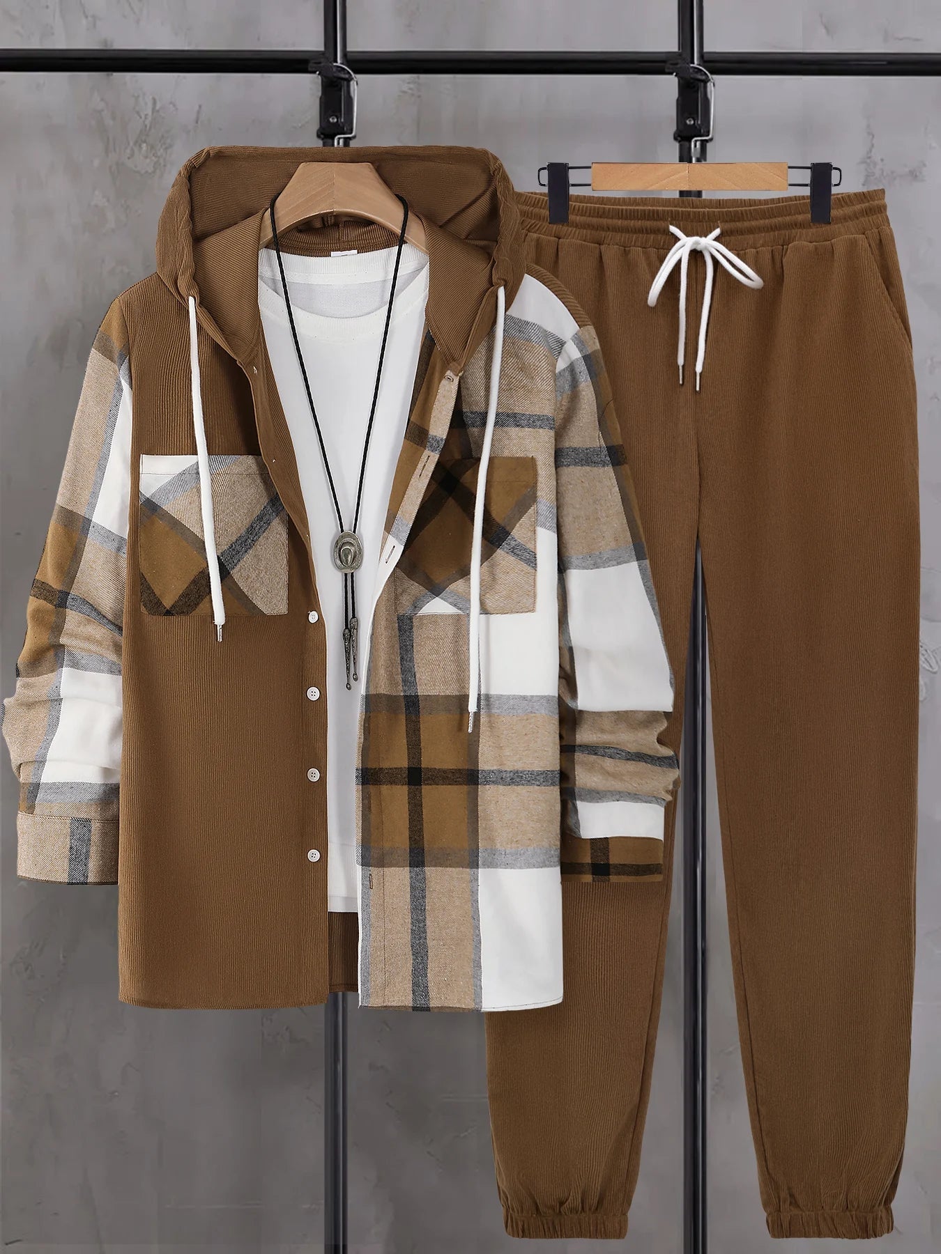 Men's Autumnal Hooded Set with Plaid Patchwork Jacket Drawstring Trousers Trendy Three-Piece Ensemble-AMAZON FACTORY