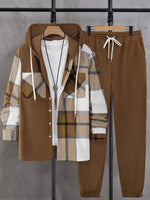 Men's Autumnal Hooded Set with Plaid Patchwork Jacket Drawstring Trousers Trendy Three-Piece Ensemble-AMAZON FACTORY