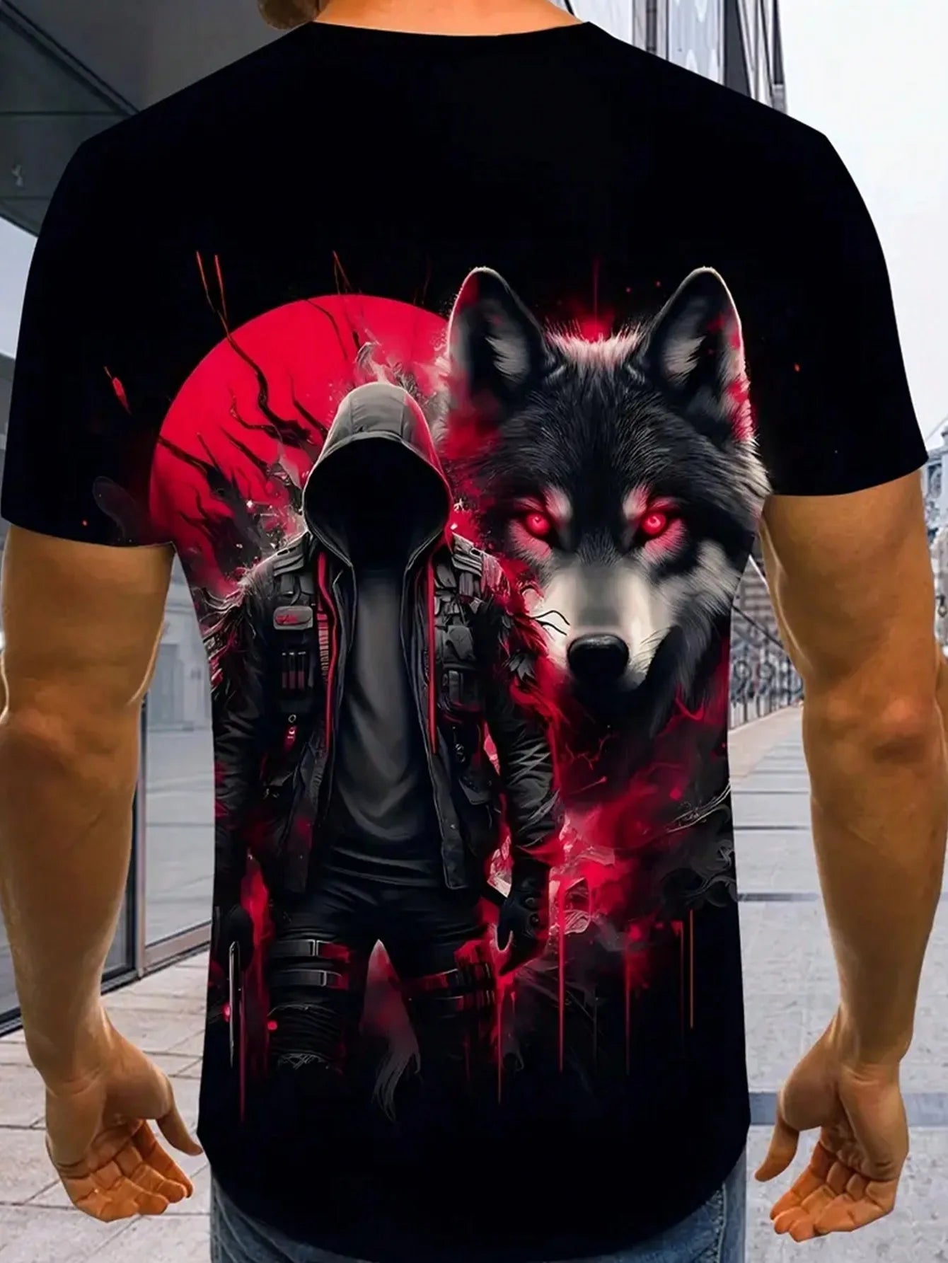 Men's Black Short Sleeve Graphic Tee with Red Wolf and Hooded Figure Design-AMAZON FACTORY