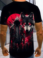 Men's Black Short Sleeve Graphic Tee with Red Wolf and Hooded Figure Design-AMAZON FACTORY