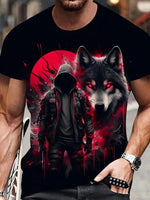 Men's Black Short Sleeve Graphic Tee with Red Wolf and Hooded Figure Design-AMAZON FACTORY