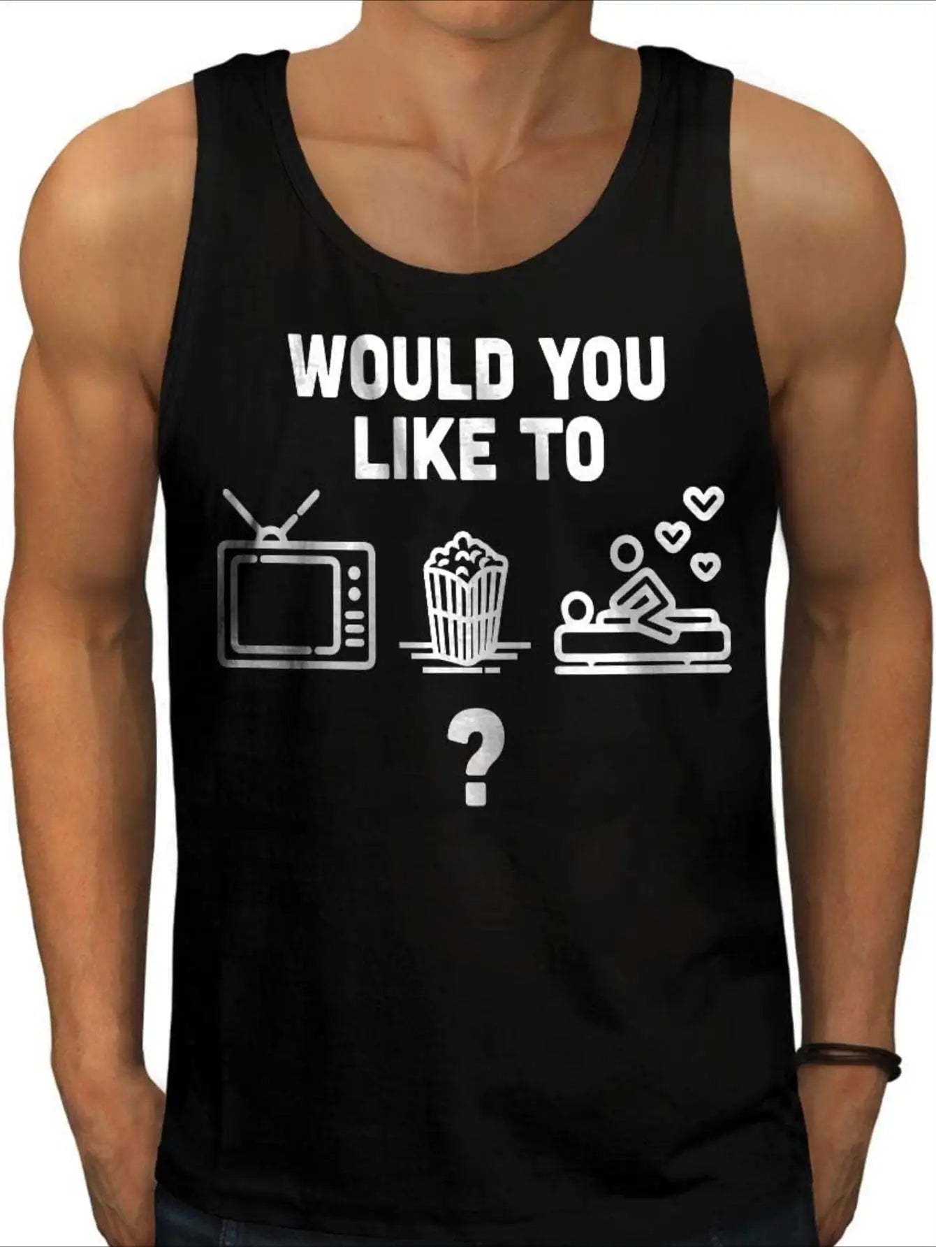 Men's movie and leisure pattern t-shirt - Black sleeveless shirt, featuring popcorn and movie logo-AMAZON FACTORY