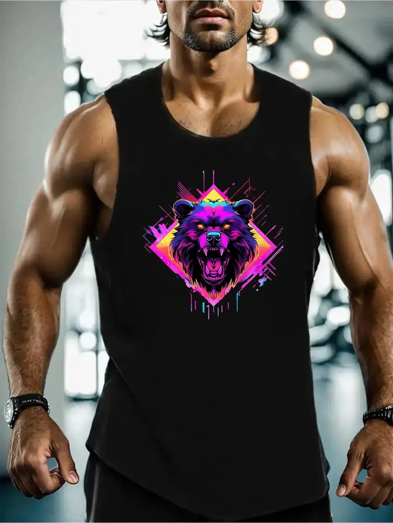 Men's retro 80s-90s steampunk aesthetic color bear print t-shirt - breathable stretch sleeveless shirt-AMAZON FACTORY