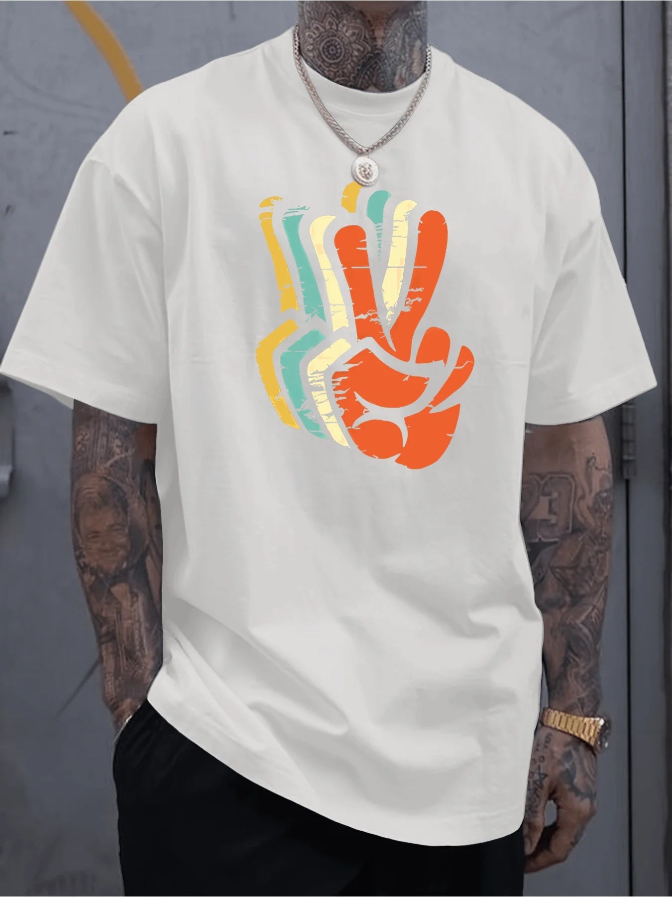Men's retro pattern printed short-sleeved T-shirt: Black base shirt, colorful peace logo and abstract gesture design-AMAZON FACTORY