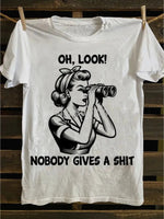 Men's retro punk rock T-shirt with a funny 1950s retro slogan and girl pattern design, printed with "Oh, look!" No one cares-AMAZON FACTORY