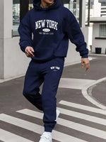 Men's sports outfit - New York letter print spring-summer hooded sports jacket set Long-sleeved casual comfortable pocket style-AMAZON FACTORY