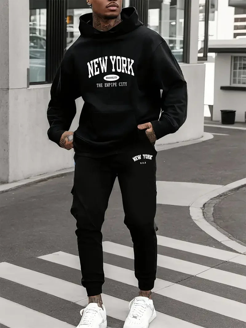 Men's sports outfit - New York letter print spring-summer hooded sports jacket set Long-sleeved casual comfortable pocket style-AMAZON FACTORY