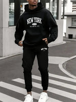 Men's sports outfit - New York letter print spring-summer hooded sports jacket set Long-sleeved casual comfortable pocket style-AMAZON FACTORY