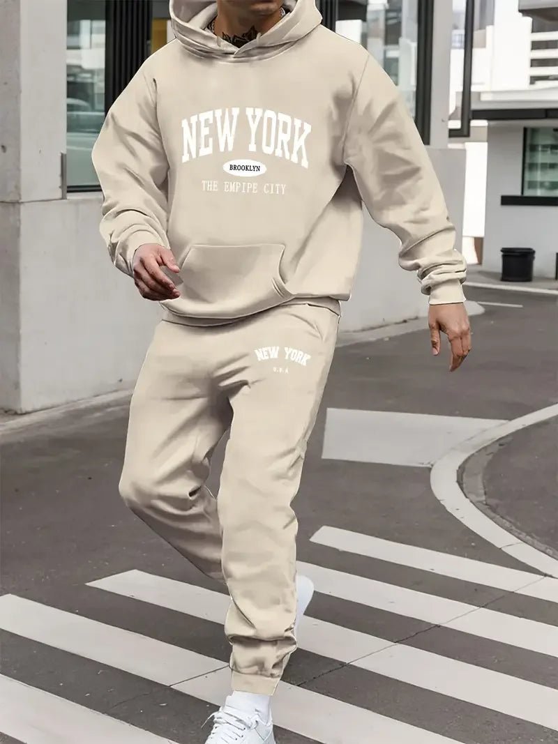 Men's sports outfit - New York letter print spring-summer hooded sports jacket set Long-sleeved casual comfortable pocket style-AMAZON FACTORY