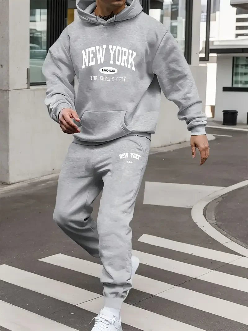Men's sports outfit - New York letter print spring-summer hooded sports jacket set Long-sleeved casual comfortable pocket style-AMAZON FACTORY