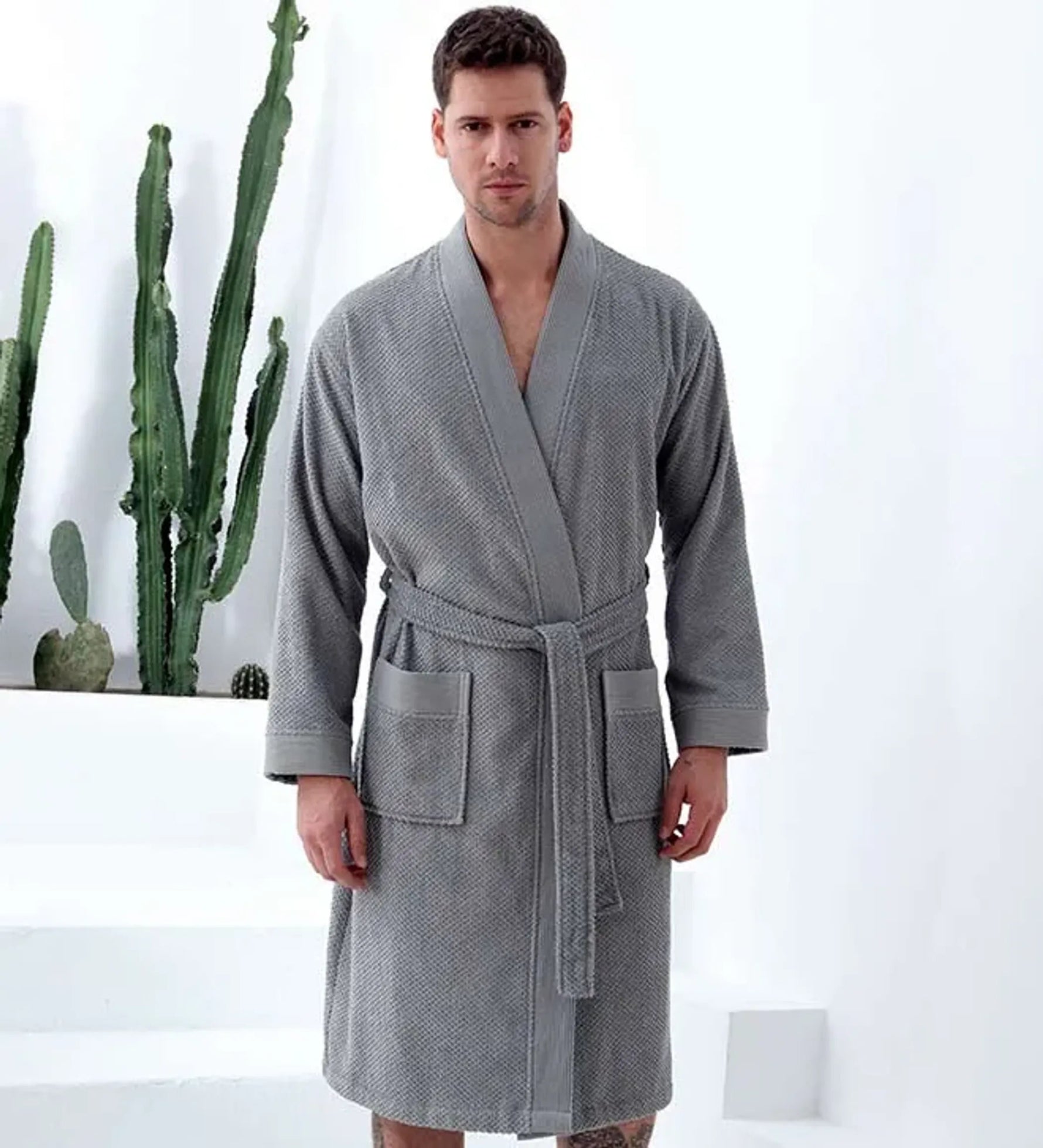 Men's Turkish Cotton Terry Kimono Bathrobe - AMAZON FACTORY