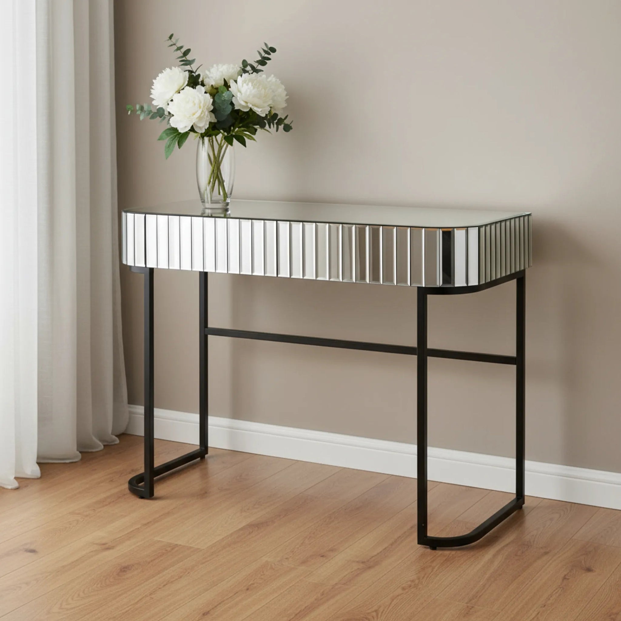 Mirrored Glass and Stainless Steel Two Drawer Vanity Table - AMAZON FACTORY