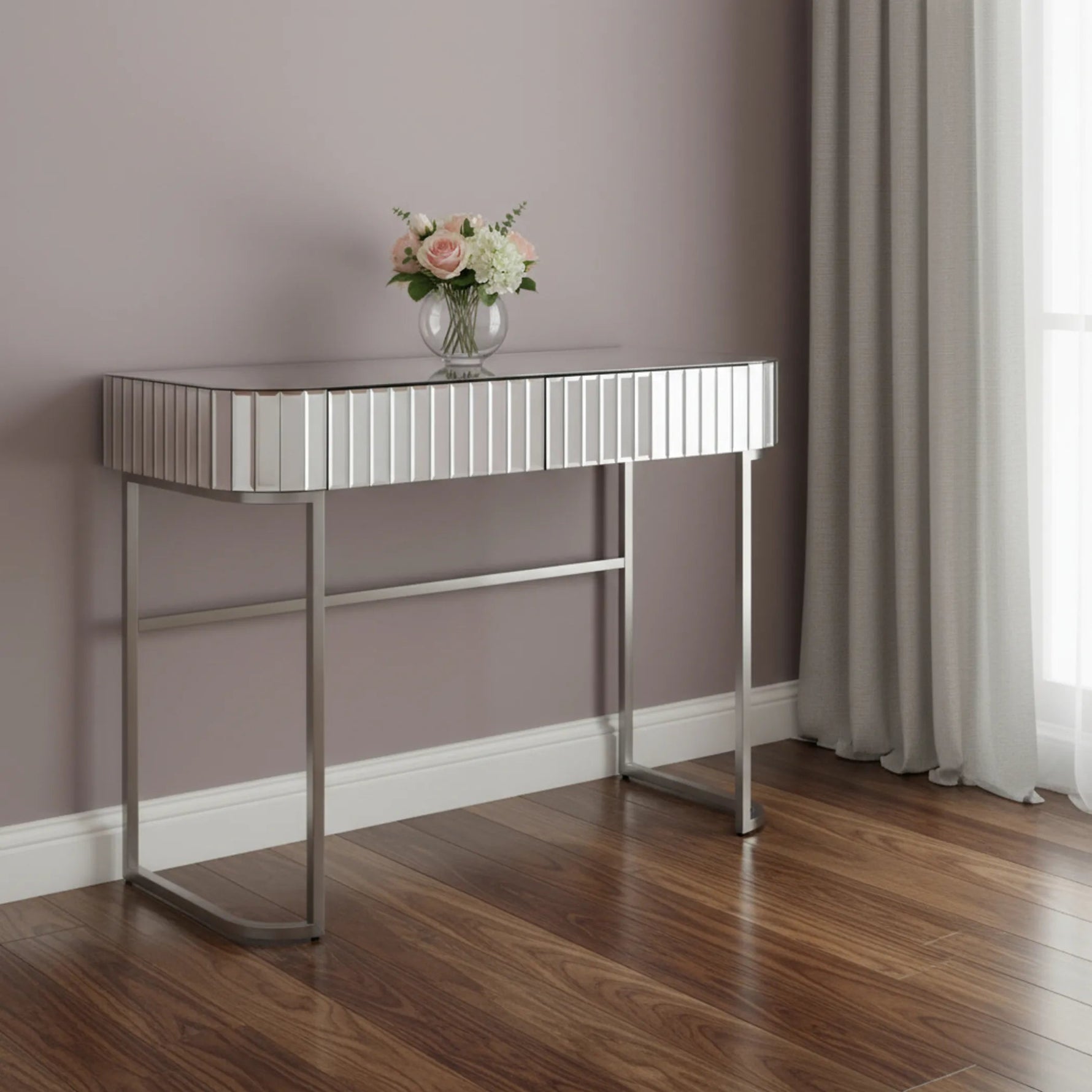 Mirrored Glass and Stainless Steel Two Drawer Vanity Table - AMAZON FACTORY