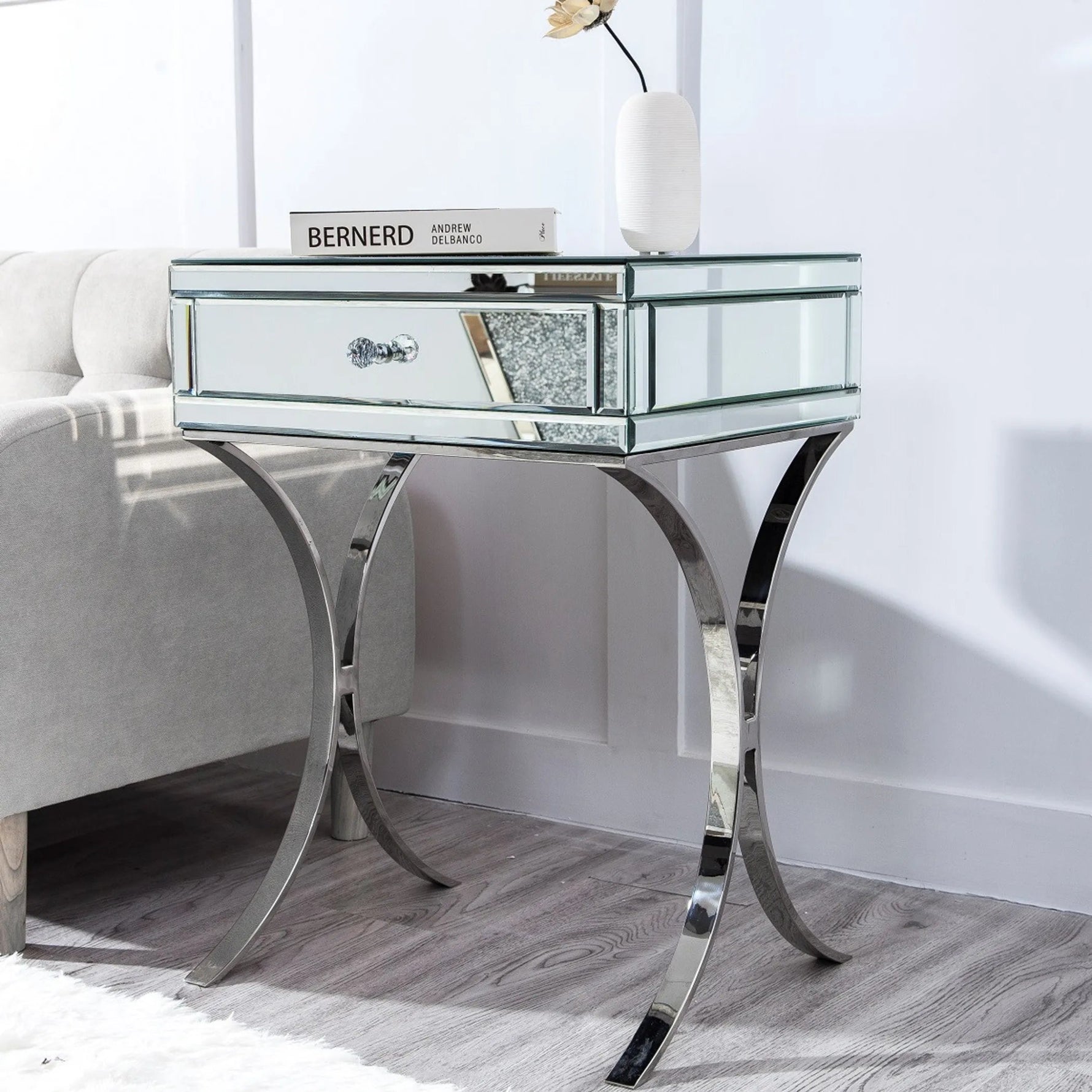 Mirrored Silver Finish Nightstand Drawer - AMAZON FACTORY