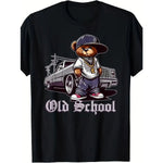 【New style】OLD SCHOOL Vintage Hip Hop Teddy Bear and Lowrider Chicano Graphic T-Shirt - Unisex Retro 80s Style Heavyweight 220g-AMAZON FACTORY