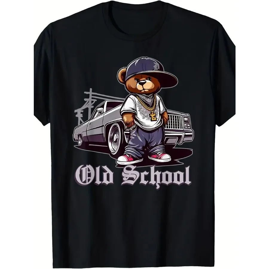 【New style】OLD SCHOOL Vintage Hip Hop Teddy Bear and Lowrider Chicano Graphic T-Shirt - Unisex Retro 80s Style Heavyweight 220g-AMAZON FACTORY
