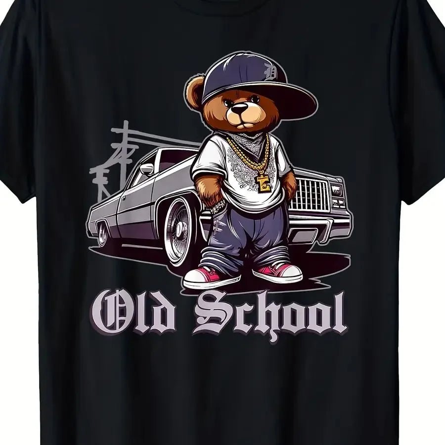 【New style】OLD SCHOOL Vintage Hip Hop Teddy Bear and Lowrider Chicano Graphic T-Shirt - Unisex Retro 80s Style Heavyweight 220g-AMAZON FACTORY