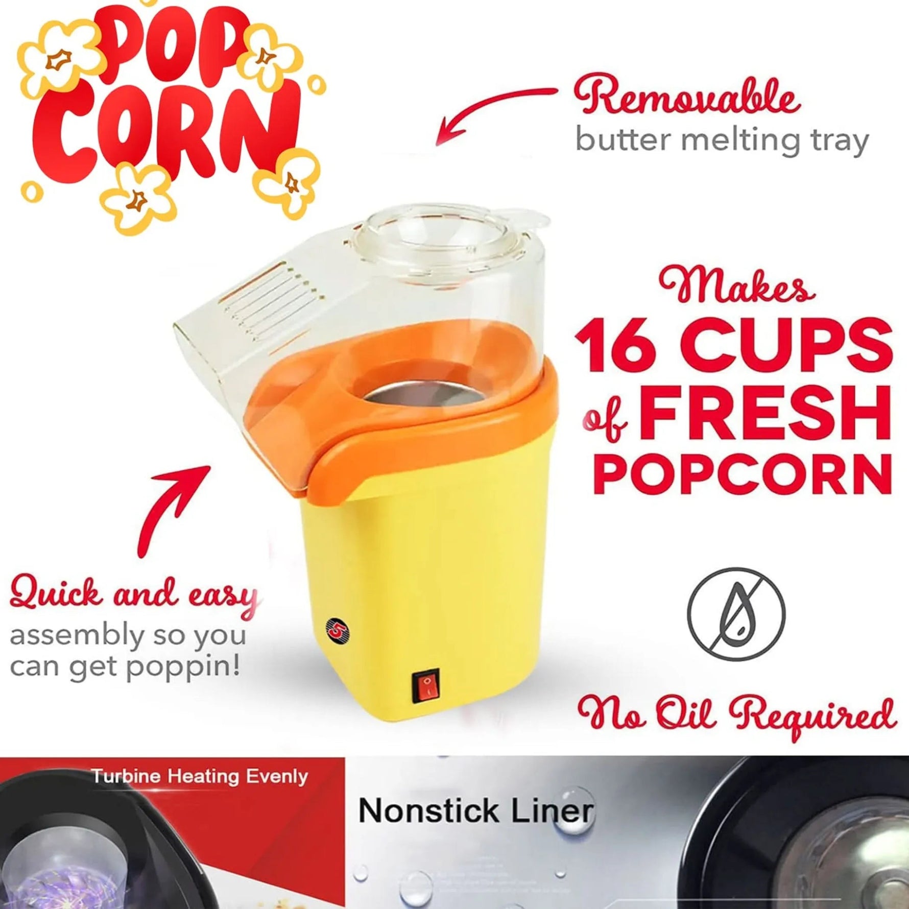 Popcorn Machine 16 Cup Hot Air Popper Mini Portable Electric Pop Corn Maker - AMAZON FACTORY