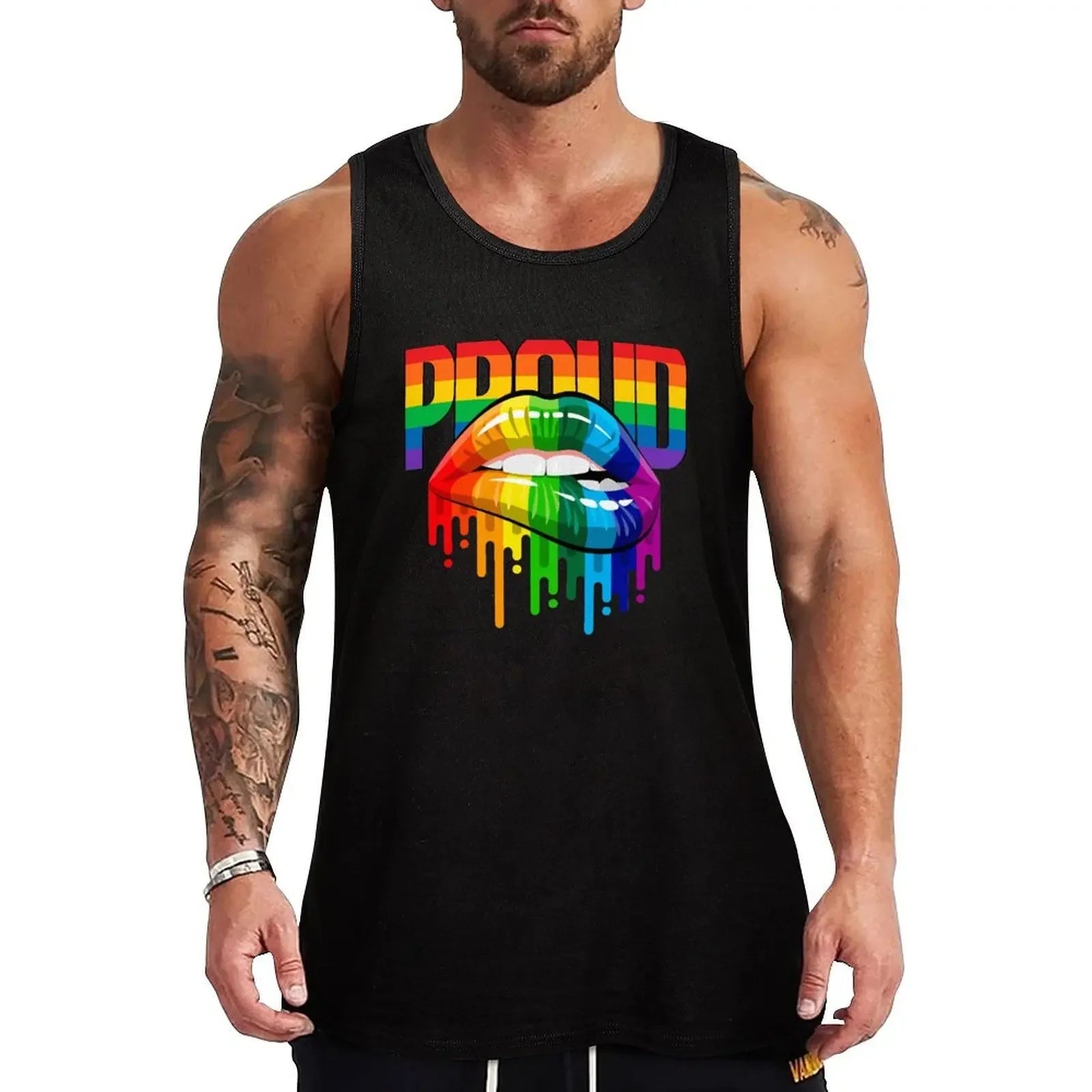 proud Rainbow Lips Pride Tank Top Male clothes t shirts Men's fitness t-shirt men clothings-AMAZON FACTORY