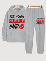 Real Women Hustle Hard Hoodie Sweatpants Set Gray Casual Sportswear-AMAZON FACTORY