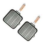 Ribbed Cast Iron Square Steak Frying Grill Skillet Pan with Folding Wooden Handle-AMAZON FACTORY
