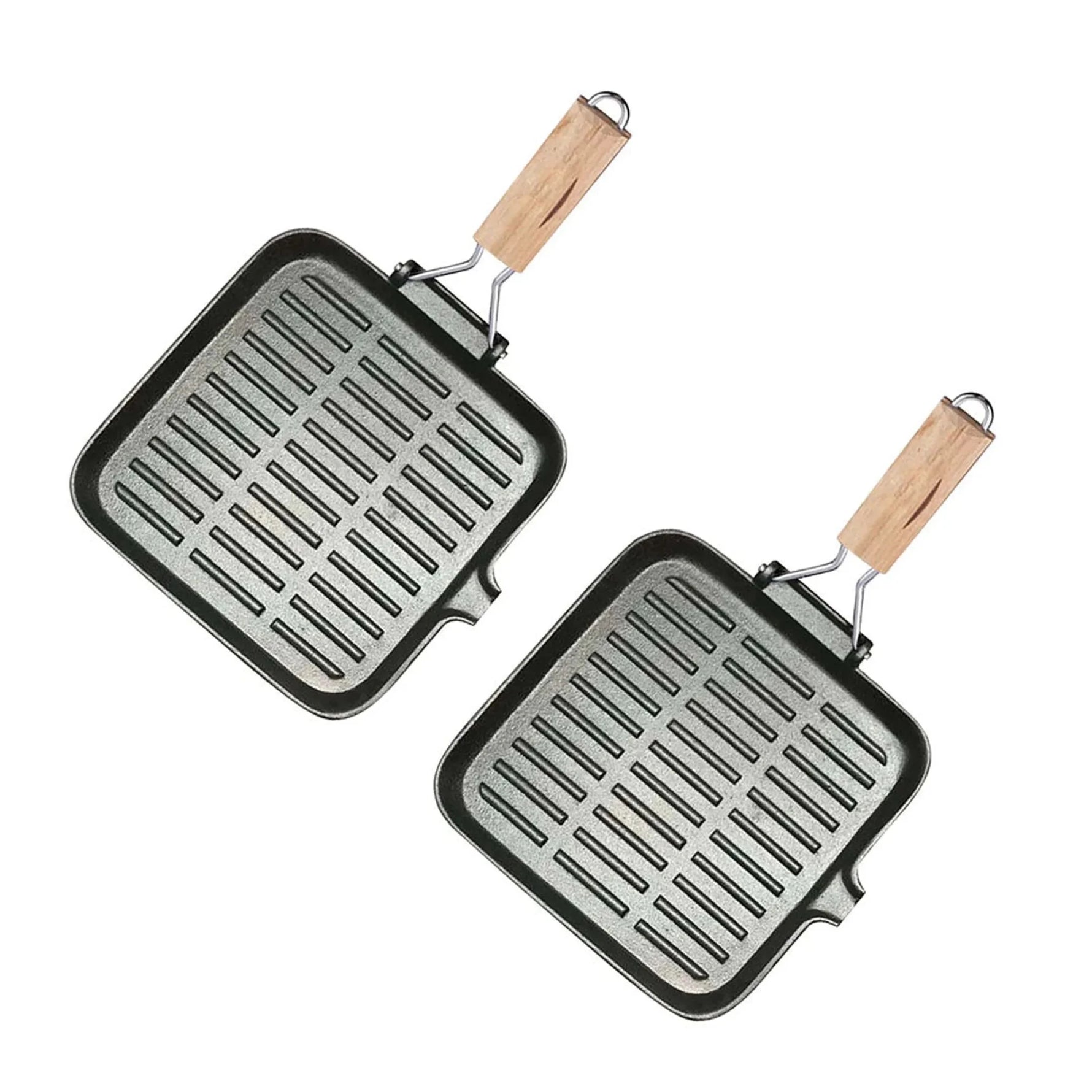 Ribbed Cast Iron Square Steak Frying Grill Skillet Pan with Folding Wooden Handle-AMAZON FACTORY