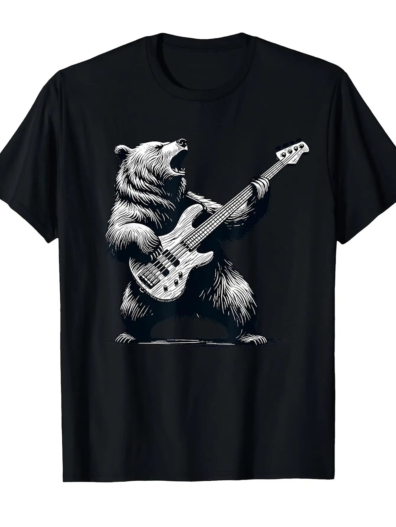 Rocky Bear Bassist Concert Music Festival Cool T-Shirt for Men Casual Short Sleeve Fun Pattern-AMAZON FACTORY
