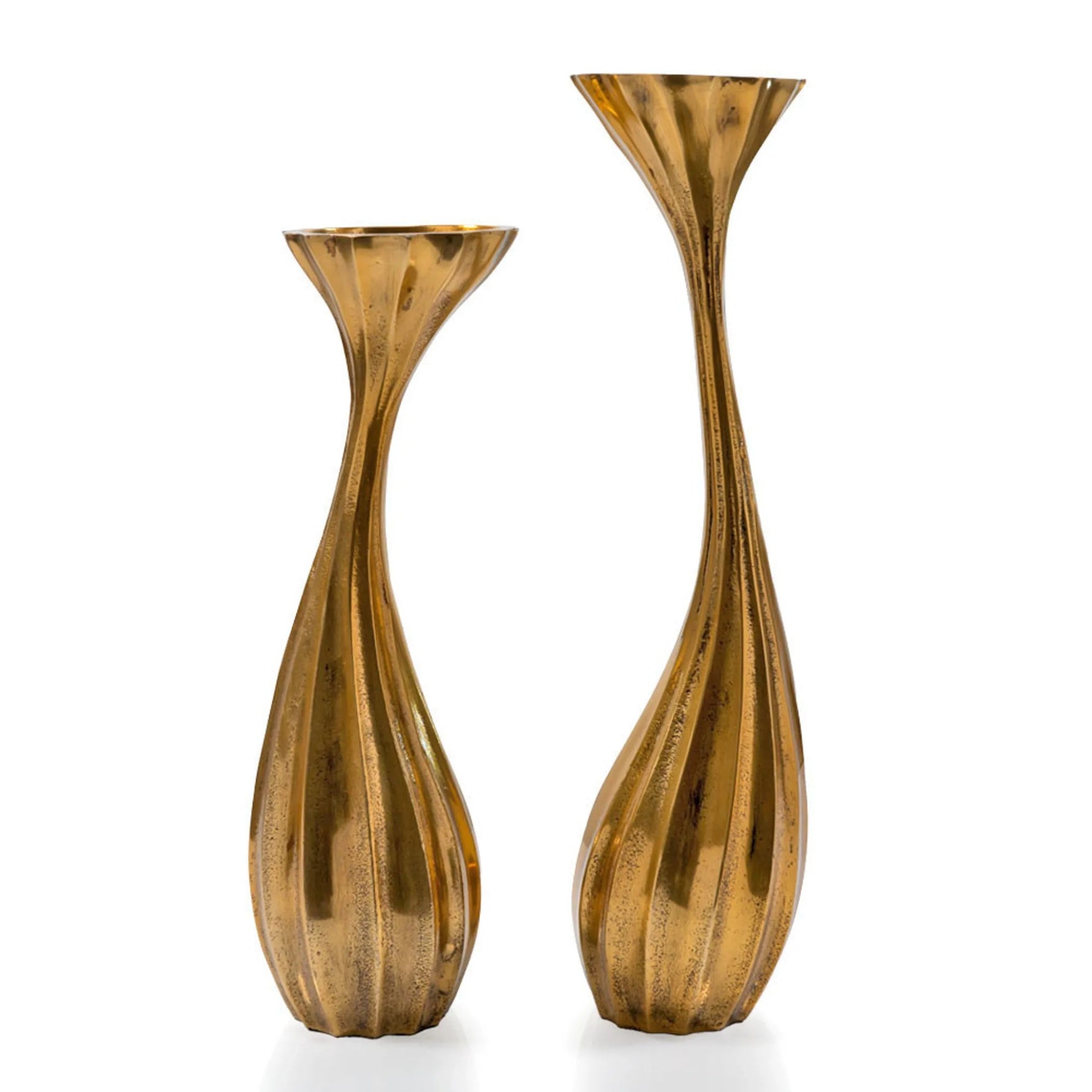 Set of Two Antiqued Gold Aluminum Wavy Faceted Tabletop Pillar Candle Holders - AMAZON FACTORY