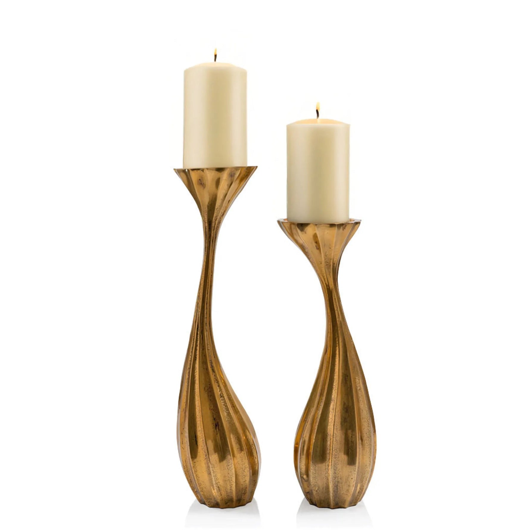Set of Two Antiqued Gold Aluminum Wavy Faceted Tabletop Pillar Candle Holders - AMAZON FACTORY
