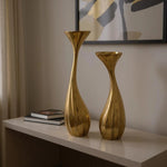 Set of Two Antiqued Gold Aluminum Wavy Faceted Tabletop Pillar Candle Holders - AMAZON FACTORY