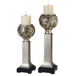 Set of Two Silver Polyresin Filigree Tabletop Pillar Candle Holders With Candle - AMAZON FACTORY