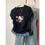 Short-Sleeved T-Shirt Hello Kitty Printed Patchwork Plaid Front Shoulder Women's Sanrio Summer Retro Slim Sweet Spicy Short Tops-AMAZON FACTORY