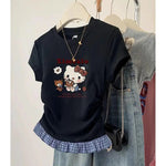 Short-Sleeved T-Shirt Hello Kitty Printed Patchwork Plaid Front Shoulder Women's Sanrio Summer Retro Slim Sweet Spicy Short Tops-AMAZON FACTORY