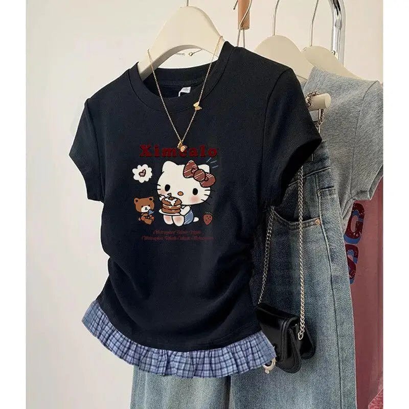 Short-Sleeved T-Shirt Hello Kitty Printed Patchwork Plaid Front Shoulder Women's Sanrio Summer Retro Slim Sweet Spicy Short Tops-AMAZON FACTORY