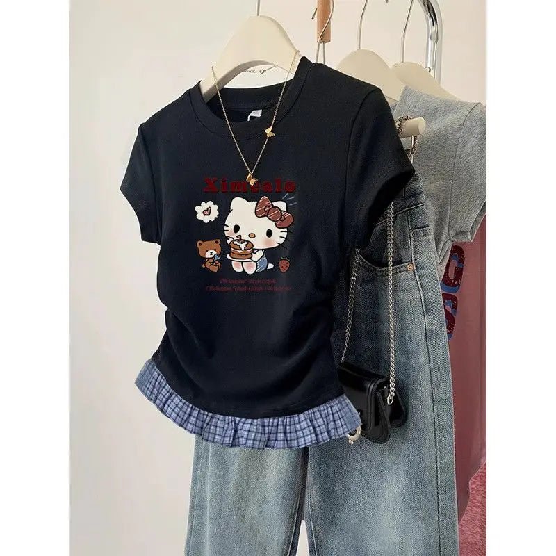 Short-Sleeved T-Shirt Hello Kitty Printed Patchwork Plaid Front Shoulder Women's Sanrio Summer Retro Slim Sweet Spicy Short Tops-AMAZON FACTORY