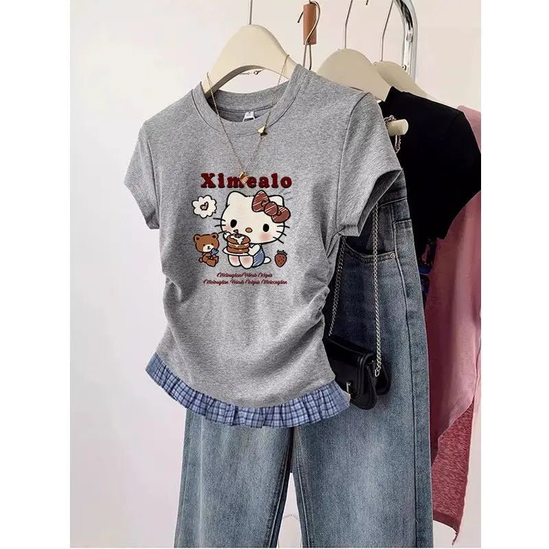 Short-Sleeved T-Shirt Hello Kitty Printed Patchwork Plaid Front Shoulder Women's Sanrio Summer Retro Slim Sweet Spicy Short Tops-AMAZON FACTORY