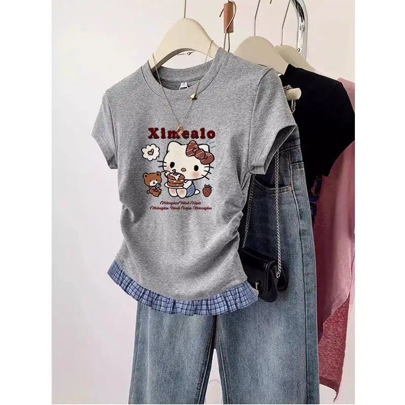 Short-Sleeved T-Shirt Hello Kitty Printed Patchwork Plaid Front Shoulder Women's Sanrio Summer Retro Slim Sweet Spicy Short Tops-AMAZON FACTORY
