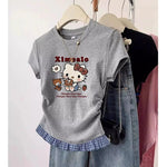 Short-Sleeved T-Shirt Hello Kitty Printed Patchwork Plaid Front Shoulder Women's Sanrio Summer Retro Slim Sweet Spicy Short Tops-AMAZON FACTORY