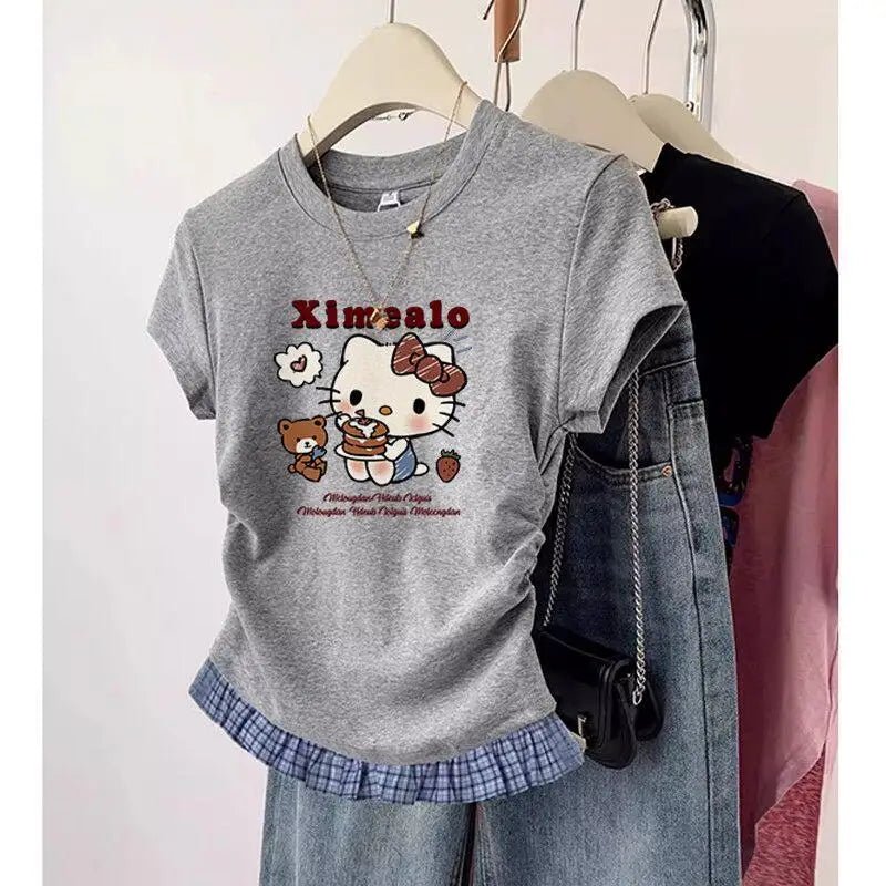 Short-Sleeved T-Shirt Hello Kitty Printed Patchwork Plaid Front Shoulder Women's Sanrio Summer Retro Slim Sweet Spicy Short Tops-AMAZON FACTORY