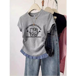 Short-Sleeved T-Shirt Hello Kitty Printed Patchwork Plaid Front Shoulder Women's Sanrio Summer Retro Slim Sweet Spicy Short Tops-AMAZON FACTORY