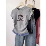 Short-Sleeved T-Shirt Hello Kitty Printed Patchwork Plaid Front Shoulder Women's Sanrio Summer Retro Slim Sweet Spicy Short Tops-AMAZON FACTORY