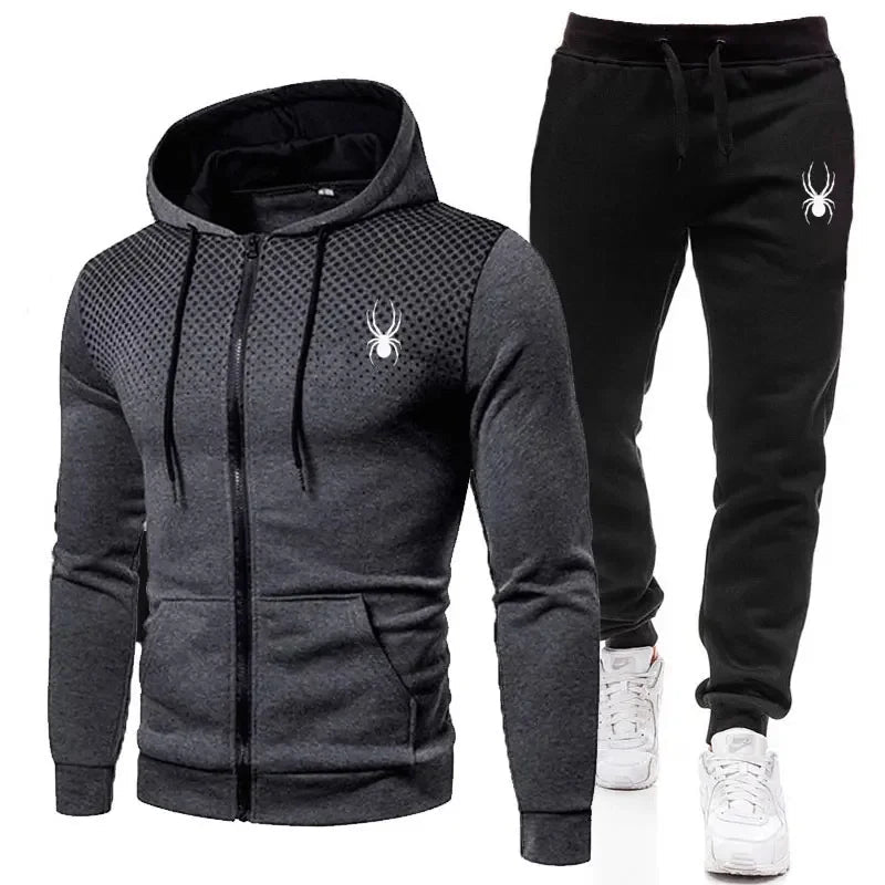Spring Autumn New Men's 2-Piece Set, Casual Sportswear Printed Hooded Zipper Jacket & Pants, Fashion Men's Outfit-AMAZON FACTORY