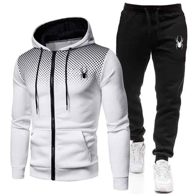 Spring Autumn New Men's 2-Piece Set, Casual Sportswear Printed Hooded Zipper Jacket & Pants, Fashion Men's Outfit-AMAZON FACTORY