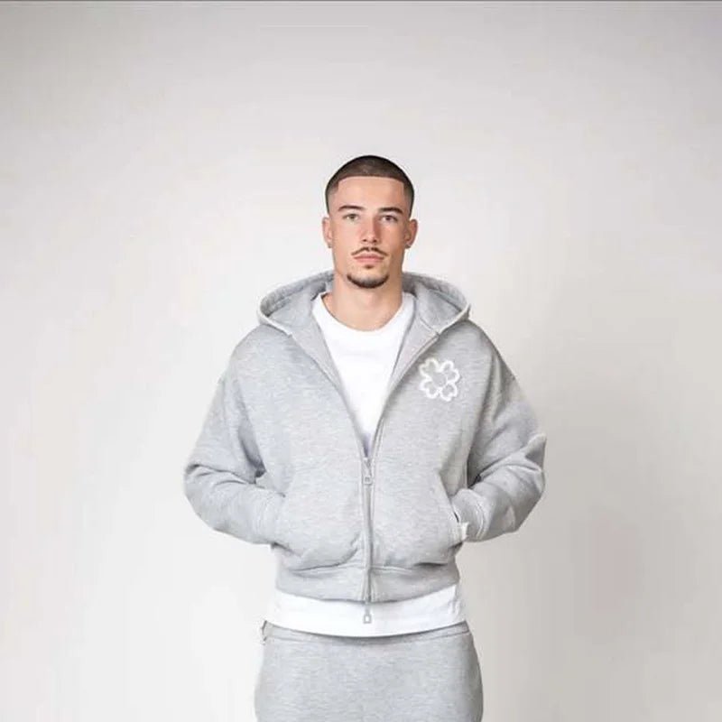 Spring Autumn Oversized 4 Leaf Clover Applique Zip Up Hoodie Tracksuit Set Men Y2K Streetwear Fleece Sweatpants 2 Piece Outfits-AMAZON FACTORY